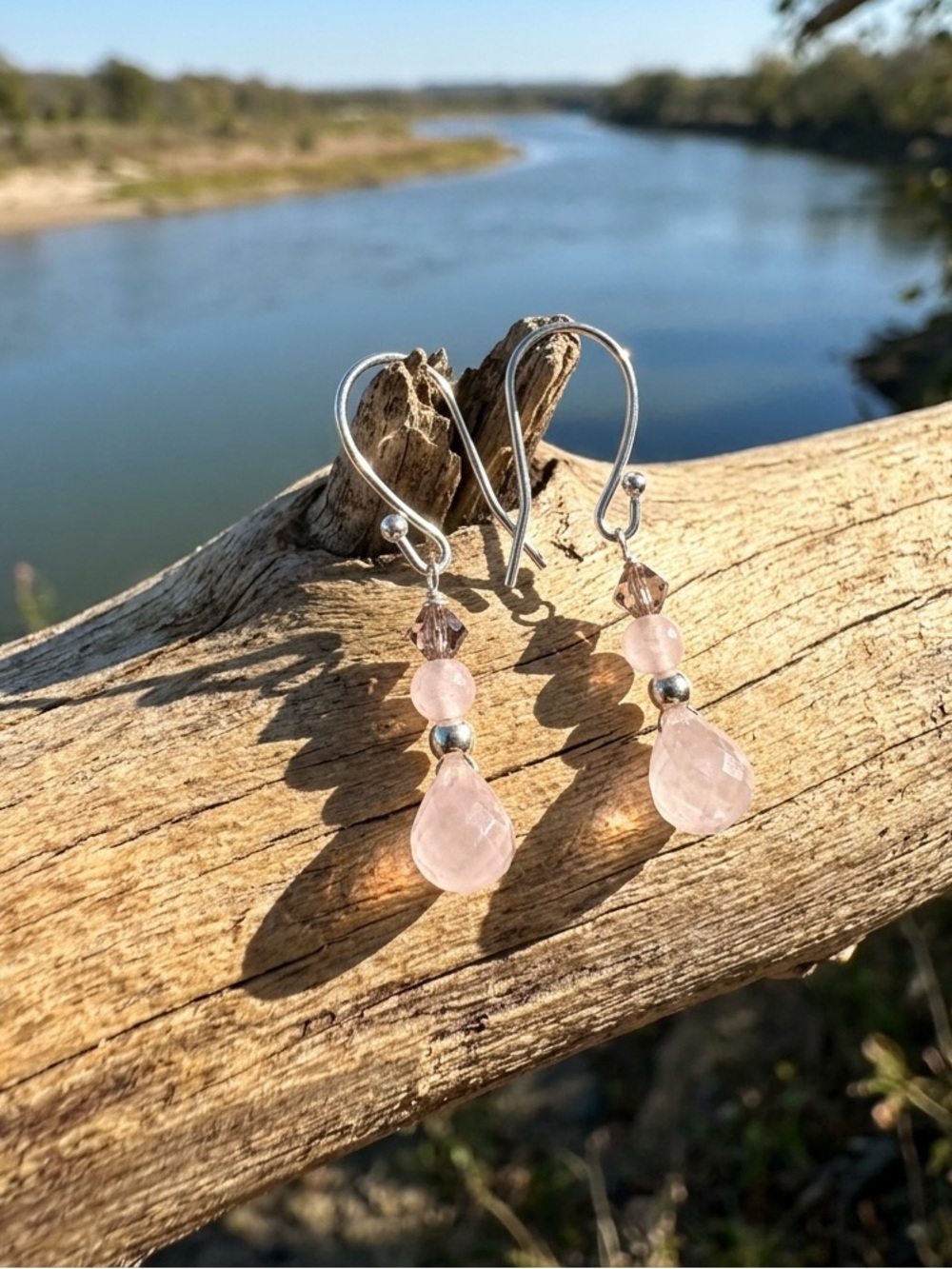 Sterling Silver Pink Rose Quartz Drop Earrings